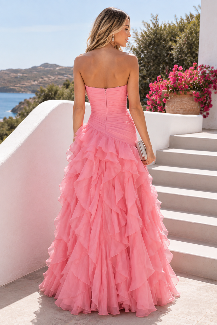 Pink A-Line Strapless Empire-Waist Ruffles Chiffon Long Prom Evening Dress