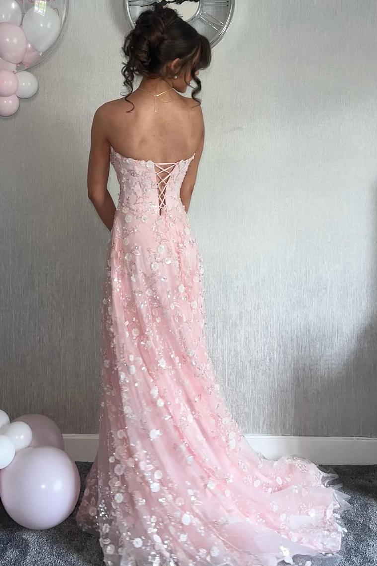 Pink A-Line Strapless Lace Appliques Tulle Long Prom Dress