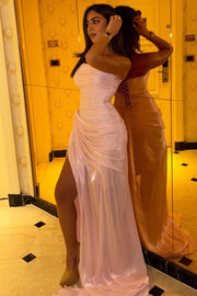 Pink A-Line Strapless Pleated High Slit Sleeveless Long Prom Dress