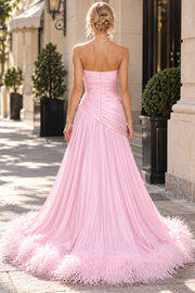 Pink A-Line Strapless Scoop Neck Pleated Evening Prom Dress with Feathers