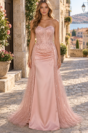 Pink A-Line Strapless Sweetheart Beading Prom Evening Dress with Pleats