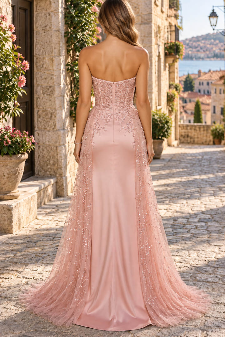Pink A-Line Strapless Sweetheart Beading Prom Evening Dress with Pleats