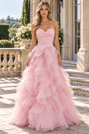 Pink A-Line Strapless Sweetheart Ruffles Tulle Long Prom Dress