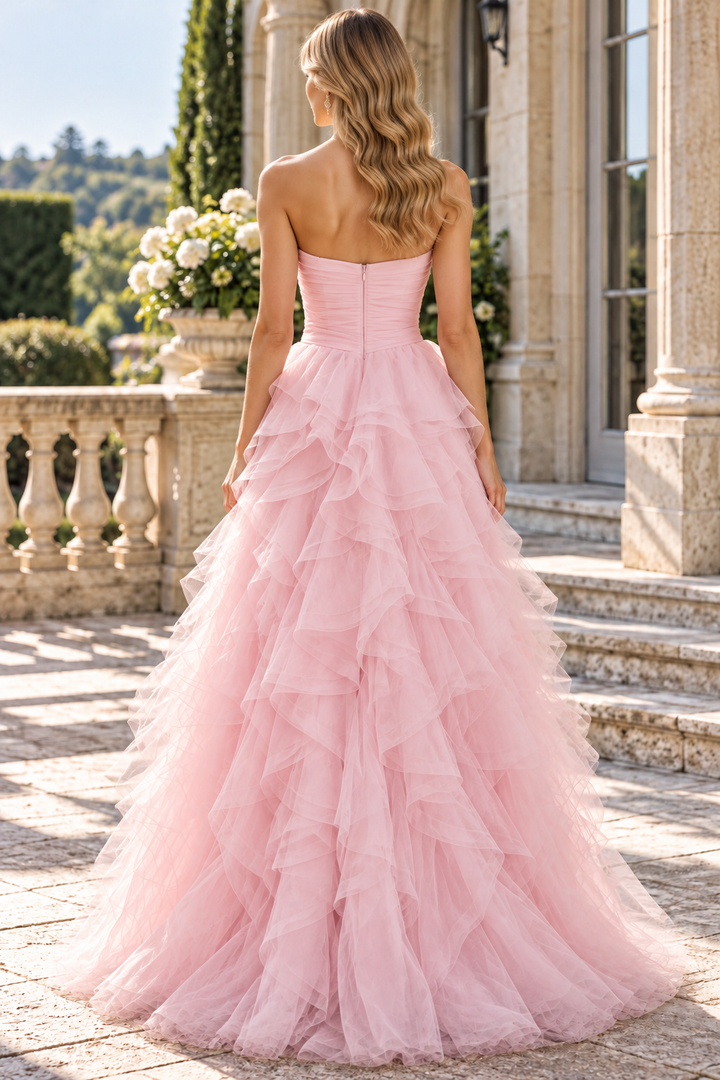Pink A-Line Strapless Sweetheart Ruffles Tulle Long Prom Dress