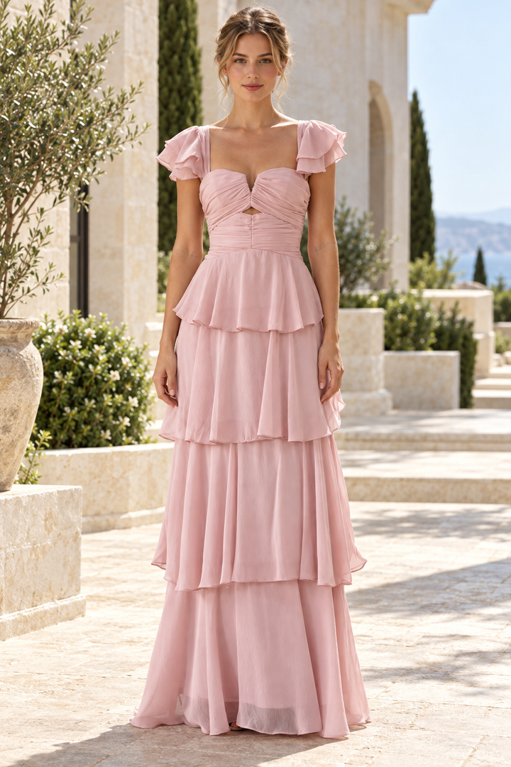 Pink A-Line Straps Sweetheart Tiered Empire-Waist Sleeveless Prom Formal Dress