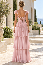 Pink A-Line Straps Sweetheart Tiered Empire-Waist Sleeveless Prom Formal Dress