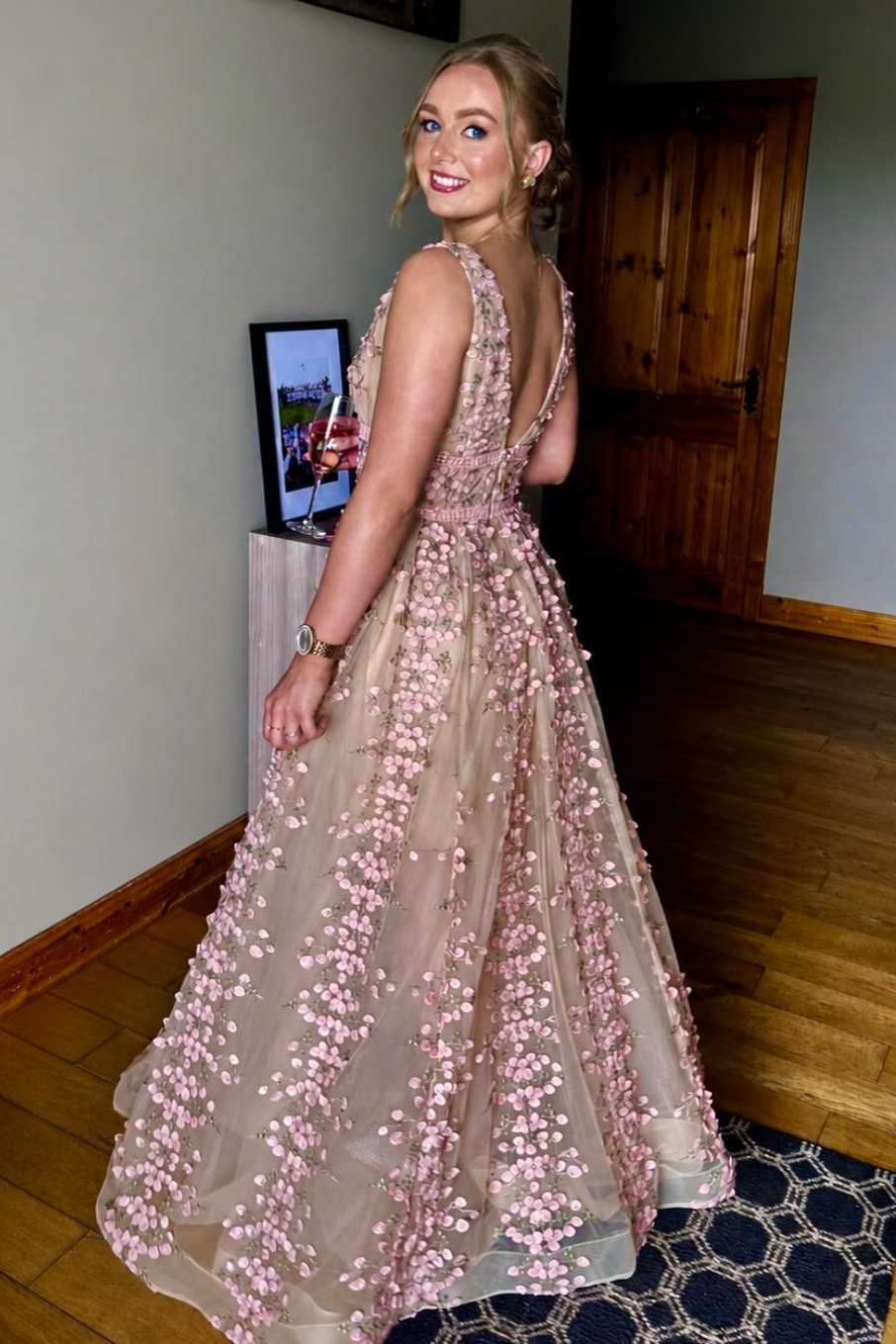 Pink A-Line V-Neck Straps Appliques Floral Long Prom Dress