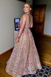 Pink A-Line V-Neck Straps Appliques Floral Long Prom Dress
