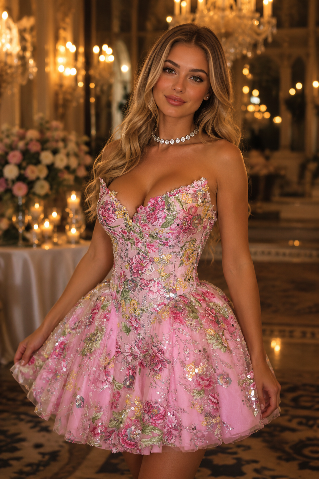 Pink Floral Strapless Glitter Homecoming Mini Dress with Sweetheart Neckline