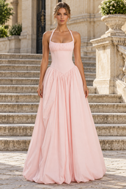 Pink Halter Scoop Neck Empire-Waist Ruched Satin Formal Prom Dress