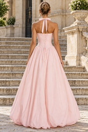Pink Halter Scoop Neck Empire-Waist Ruched Satin Formal Prom Dress