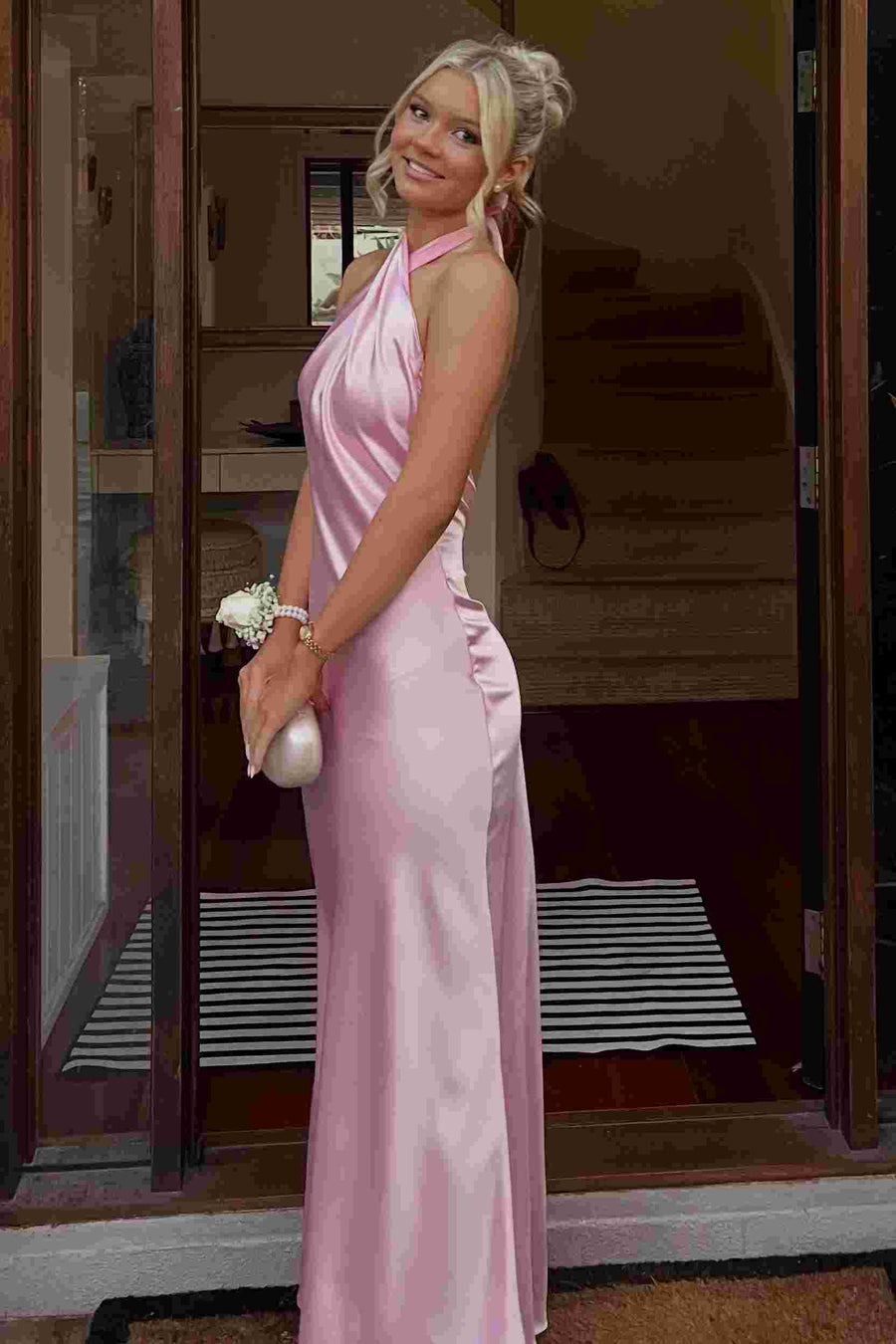 Pink Halter Sleeveless Satin Backless Long Prom Dress 