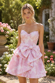 Pink Jacquard Strapless A-Line Homecoming Dress with Bow