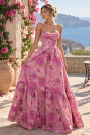 Pink Jacquard Strapless A-Line Scoop Neck Sleeveless Long Prom Dress