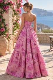 Pink Jacquard Strapless A-Line Scoop Neck Sleeveless Long Prom Dress
