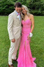 Pink Straps Mermaid Lace Appliques V-Neck Long Prom Dress with Slit