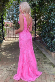 Deep V-Neck Straps Pink Lace Appliques Mermaid Long Prom Dress