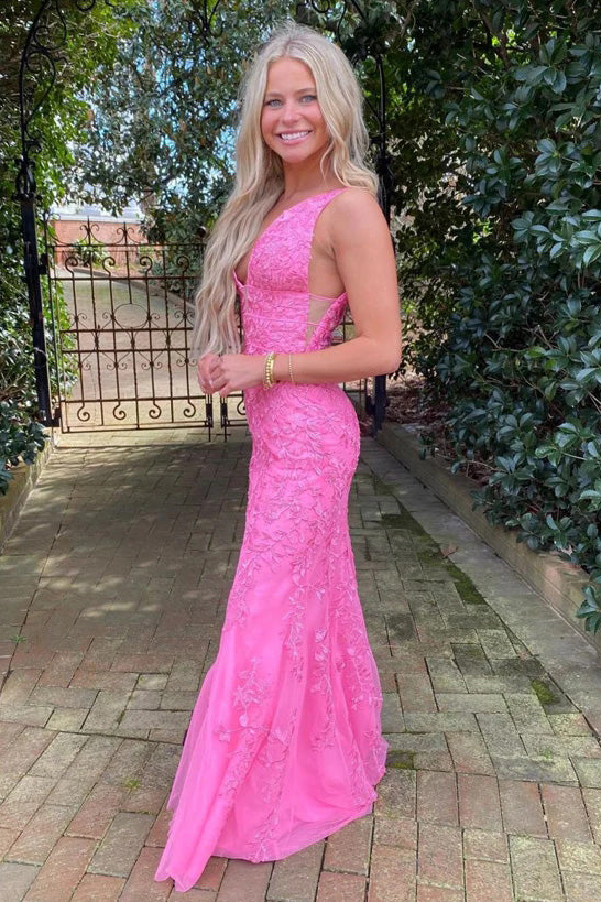 Deep V-Neck Straps Pink Lace Appliques Mermaid Long Prom Dress