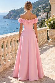Pink Off-Shoulder A-Line 3D Flower Satin Prom Evening Dress