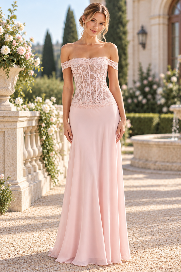 Pink Off-Shoulder A-Line Chiffon Pleats Long Prom Dress with Lace