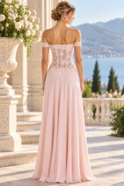 Pink Off-Shoulder A-Line Chiffon Pleats Long Prom Dress with Lace