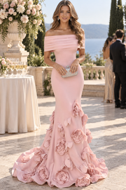 Pink Off-Shoulder Mermaid 3D Flower Prom Evening Dress with Train