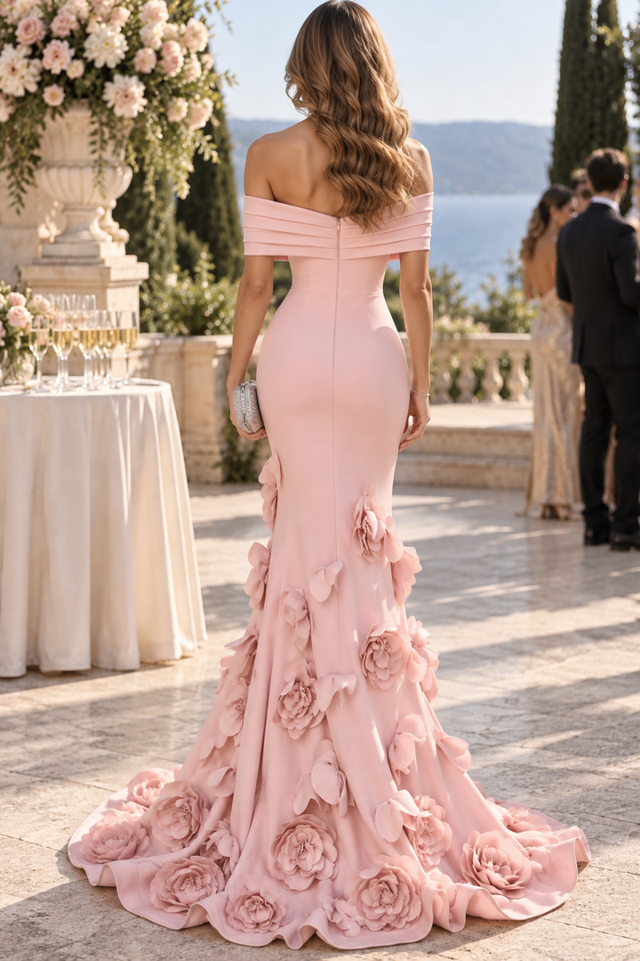 Pink Off-Shoulder Mermaid 3D Flower Prom Evening Dress with Train