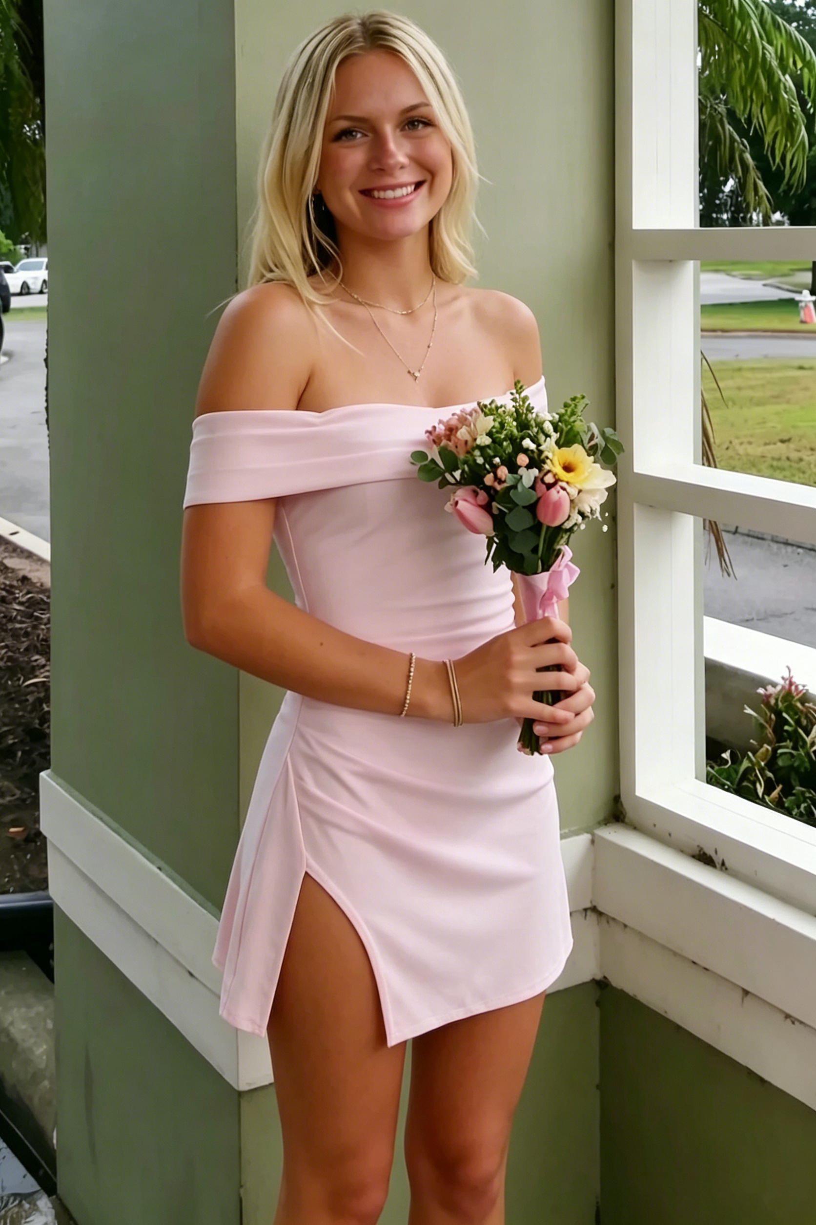 Pink Off-Shoulder Satin Pleats Bodycon Short Homecoming Dress with Slit