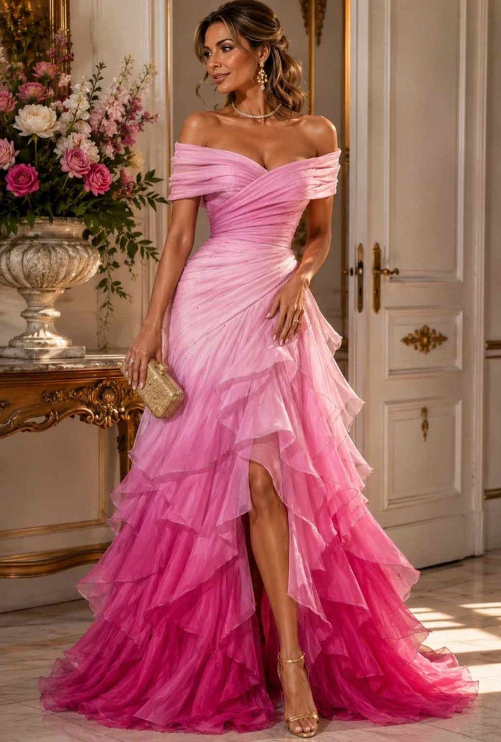 Pink Off-Shoulder Tiered Ruffles A-Line Prom Evening Dress with Slit