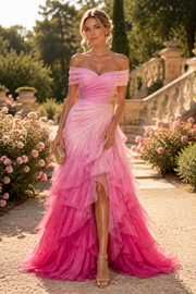 Pink Off-Shoulder Tiered Ruffles A-Line Prom Evening Dress with Slit