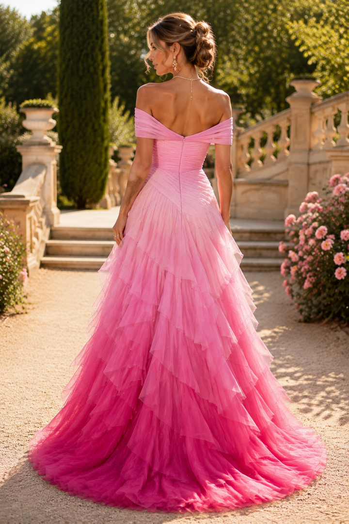 Pink Off-Shoulder Tiered Ruffles A-Line Prom Evening Dress with Slit