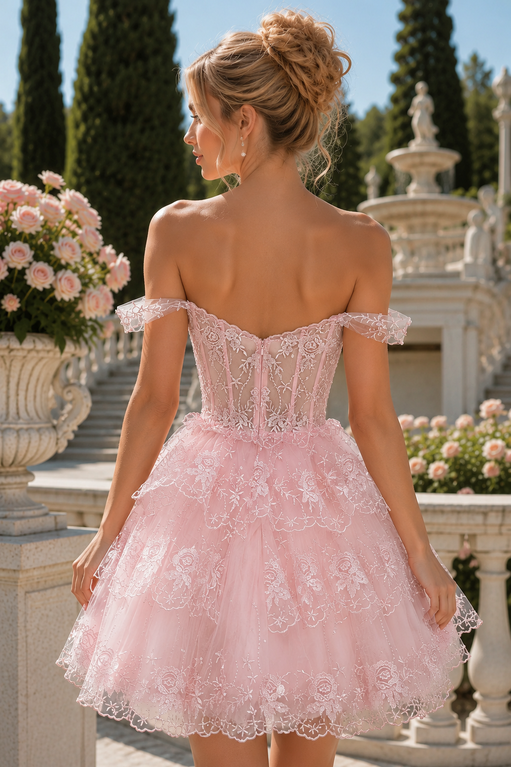 Pink Off-the-Shoulder Lace Corset Homecoming Dress with Embroidered Tulle