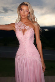 Pink One Shoulder A-Line Pleated Empire-Waist Pleated Long Prom Dress