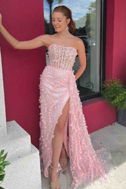 Pink Strapless 3D Floral High Slit Mermaid Princess Long Prom Dress