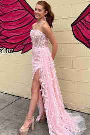 Pink Strapless 3D Floral High Slit Mermaid Princess Long Prom Dress