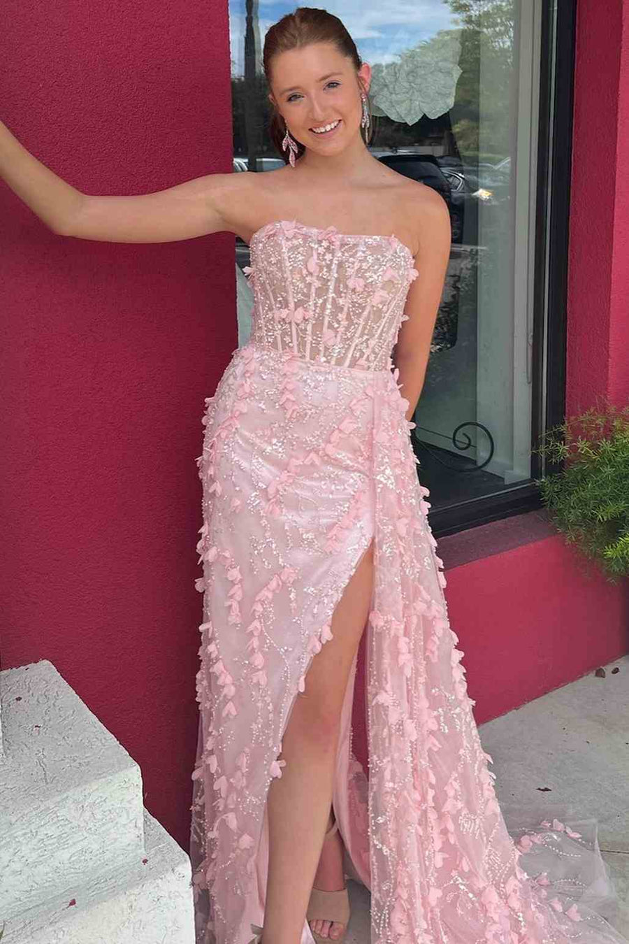 Pink Strapless 3D Floral High Slit Mermaid Princess Long Prom Dress