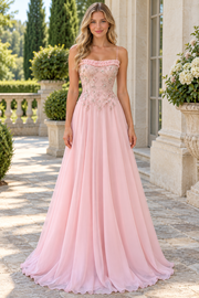 Pink Spaghetti Straps A-Line Chiffon Pleated Long Prom Dress with Appliques