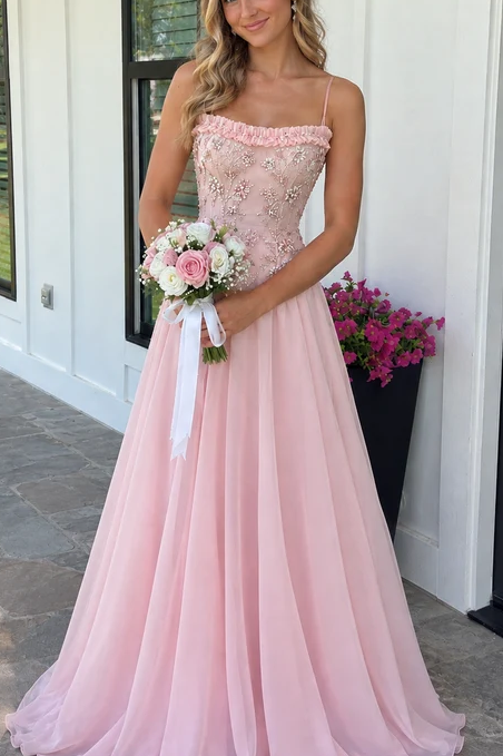 Pink Spaghetti Straps A-Line Chiffon Pleated Long Prom Dress with Appliques