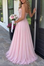 Pink Spaghetti Straps A-Line Chiffon Pleated Long Prom Dress with Appliques