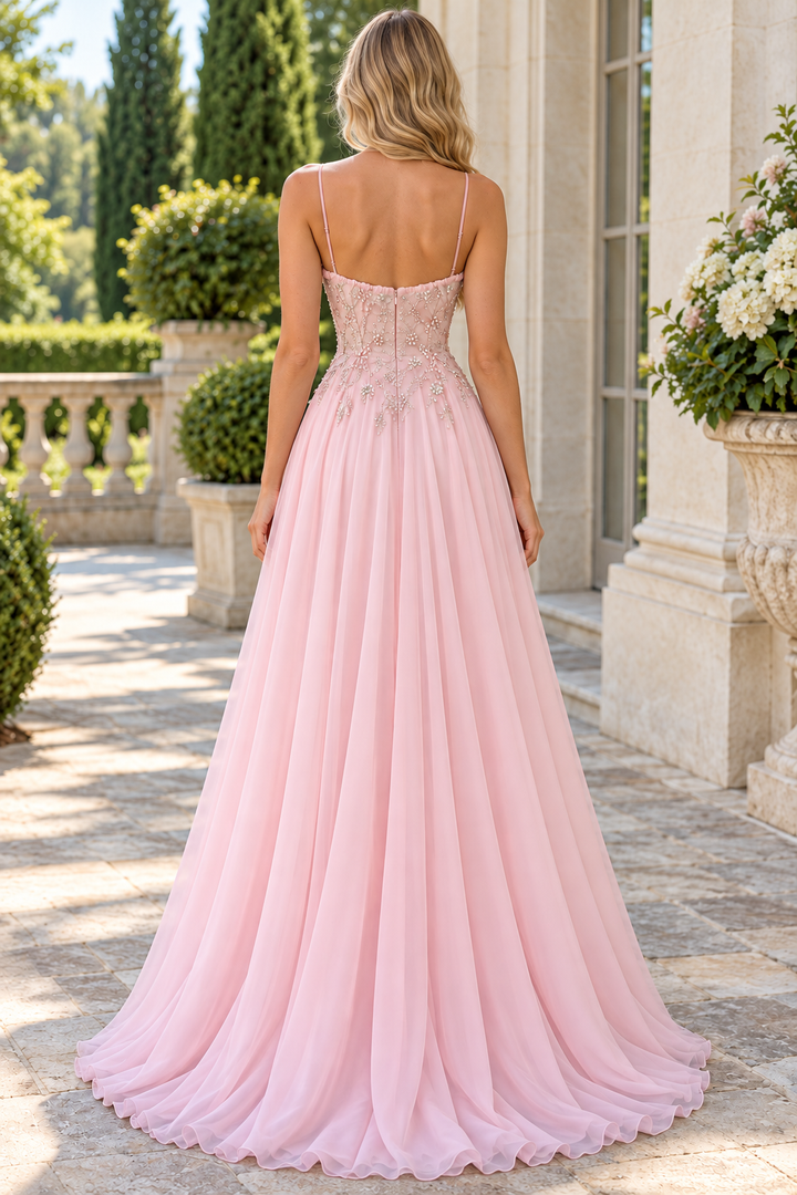 Pink Spaghetti Straps A-Line Chiffon Pleated Long Prom Dress with Appliques