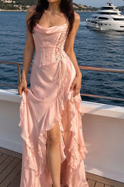 Pink Spaghetti Straps Cowl Neck Ruffles A-Line Prom Dress with Slit
