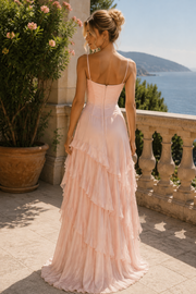 Pink Spaghetti Straps Cowl Neck Ruffles A-Line Prom Dress with Slit