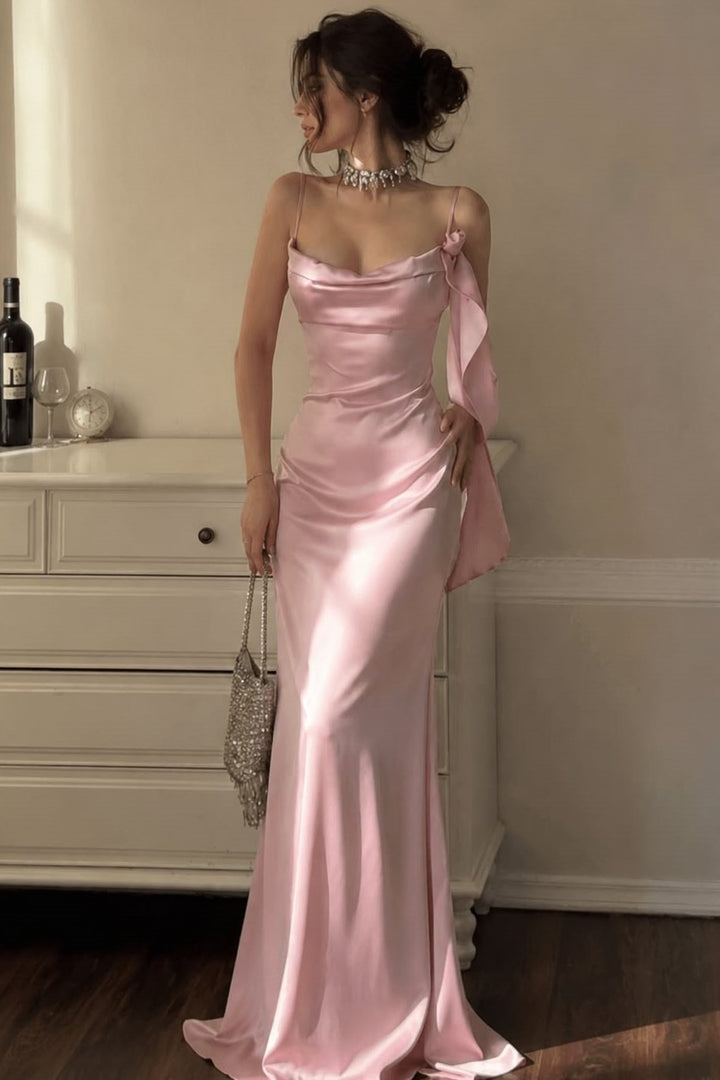 Pink Spaghetti Straps Pleats Satin Scoop Neck Mermaid Long Prom Dress