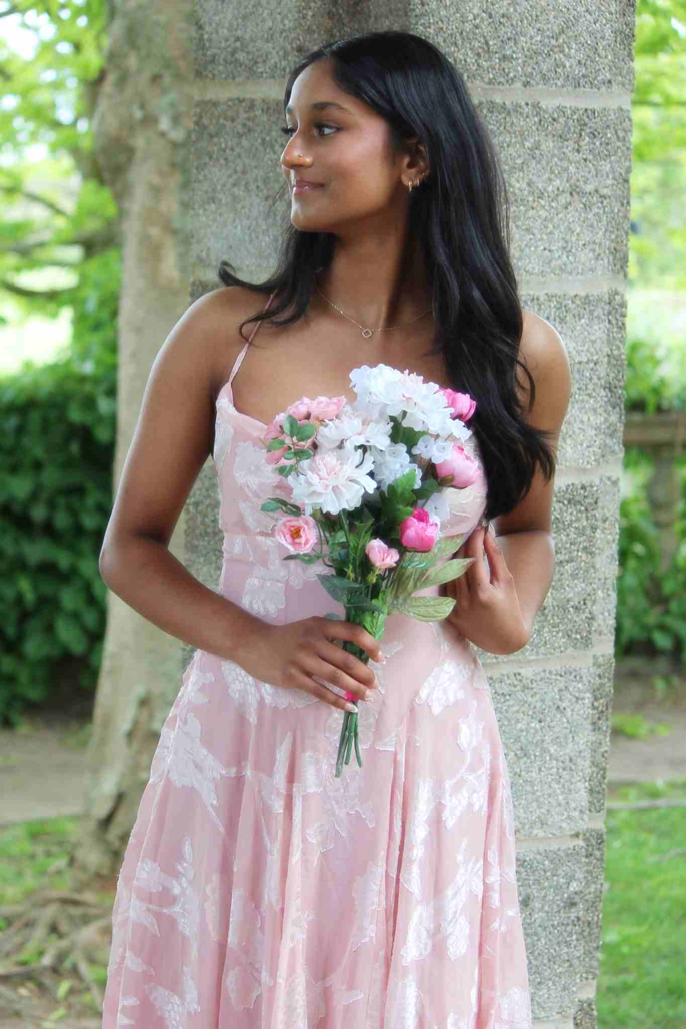 Pink Spaghetti Straps Print A-Line Sleeveless Long Prom Dress