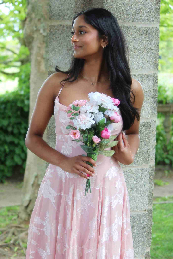 Pink Spaghetti Straps Print A-Line Sleeveless Long Prom Dress