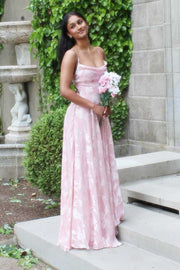 Pink Spaghetti Straps Print A-Line Sleeveless Long Prom Dress