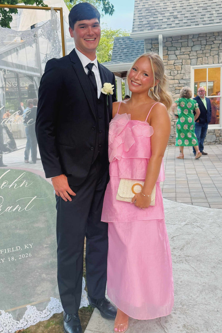 Pink Spaghetti Straps Tiered Long Prom Formal Dress with Flower
