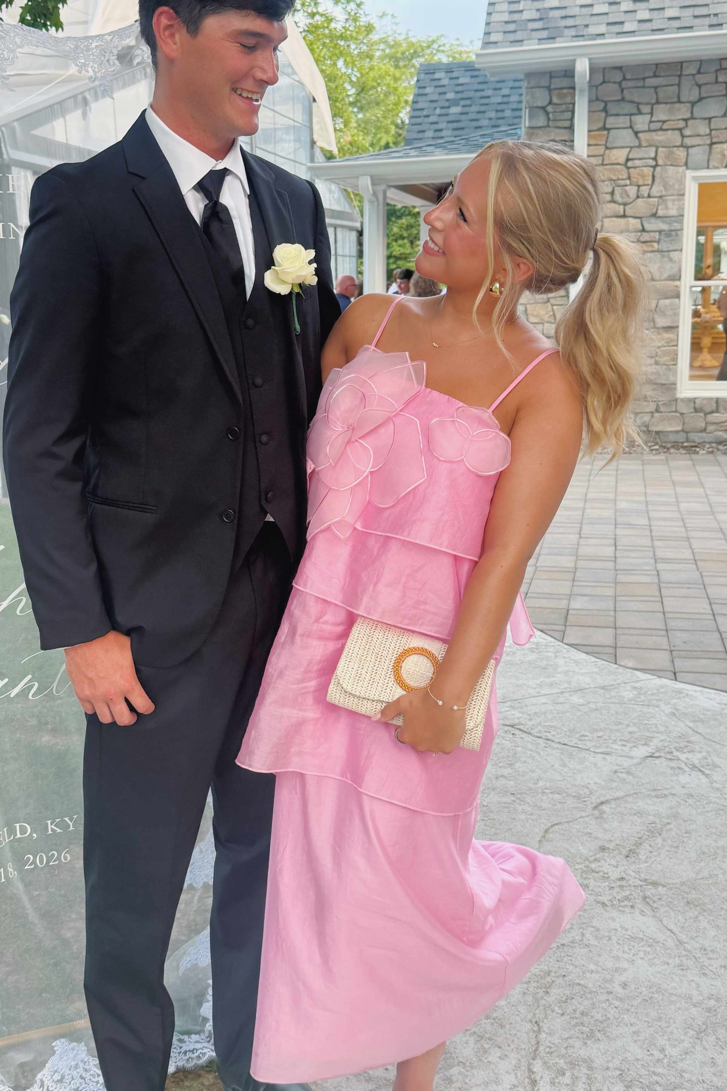 Pink Spaghetti Straps Tiered Long Prom Formal Dress with Flower