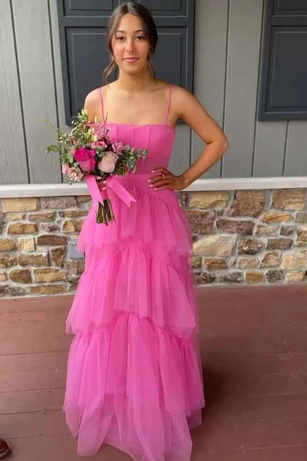 Hot Pink Straps Tiered A-Line Long Prom Dress