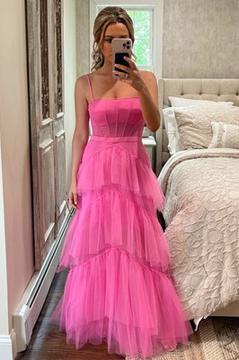 Hot Pink Straps Tiered A-Line Long Prom Dress